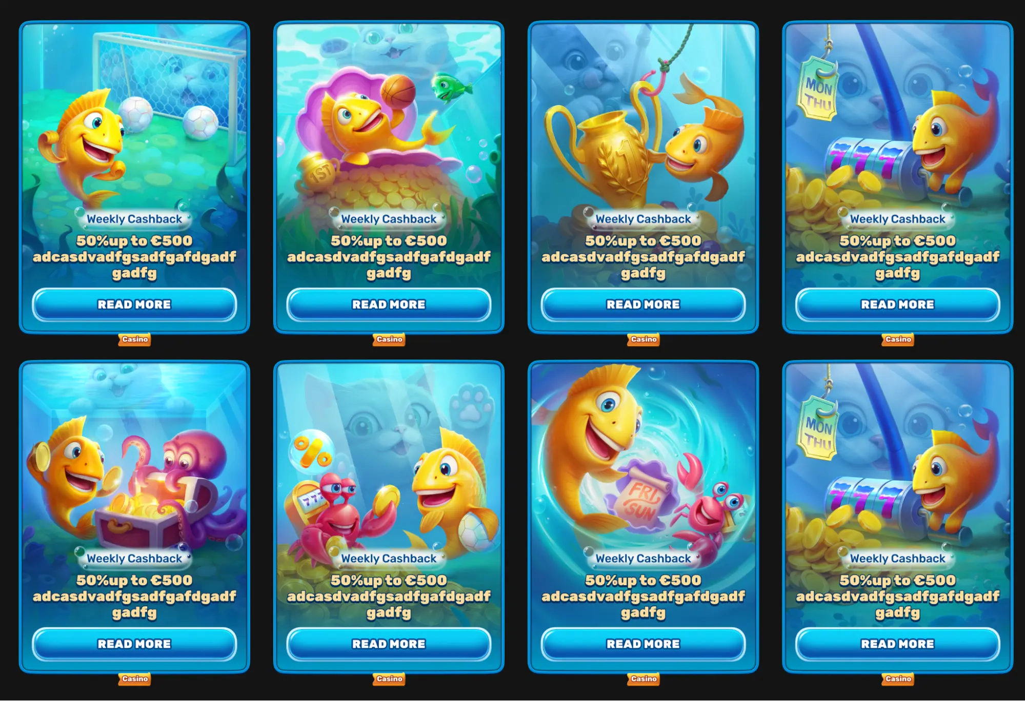 Una serie di otto immagini colorate con pesci e creature marine che mostrano diverse promozioni di cashback settimanale fino a 500€, tutte ambientate in scenari subacquei vivaci e luminosi.